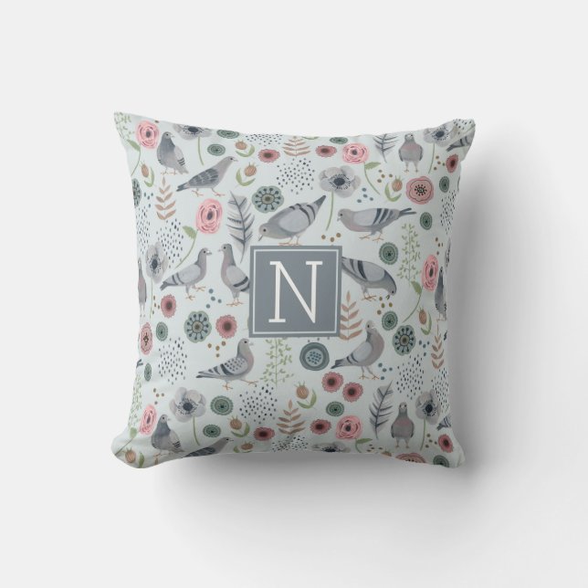 birds monogram light blue pigeon floral pattern cushion (Front)
