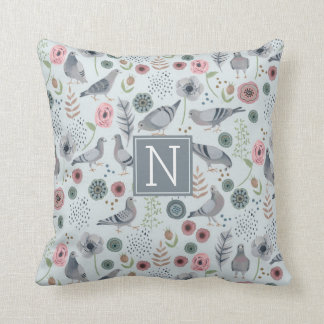 birds monogram light blue pigeon floral pattern cushion