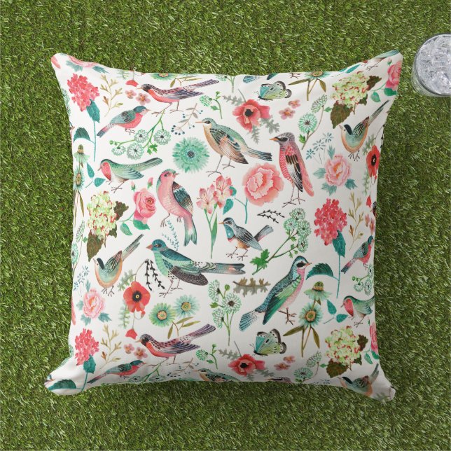 Birds multi-colour all-over print cushion (Grass)