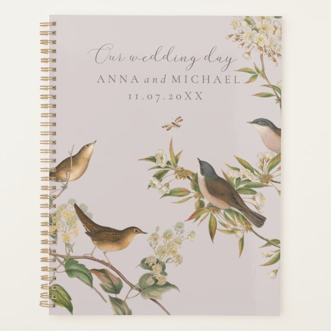 Birds nad leaves, romantic pink wedding planner (Front)