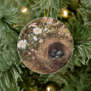 Bird's Nest and Dog Roses by John William Hill Ceramic Tree Decoration