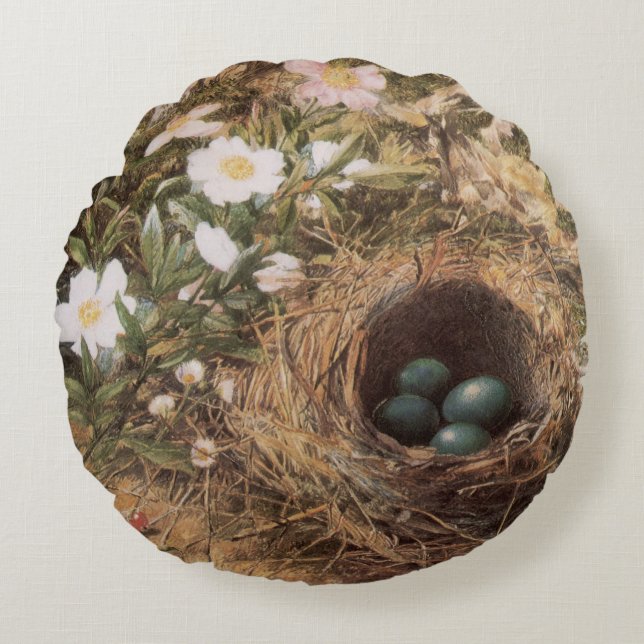 Bird's Nest and Dog Roses by John William Hill Round Cushion (Front)