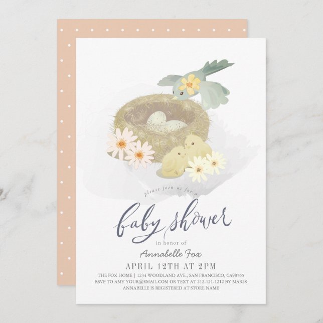 Bird's Nest Floral Girl Baby Shower Invitation (Front/Back)