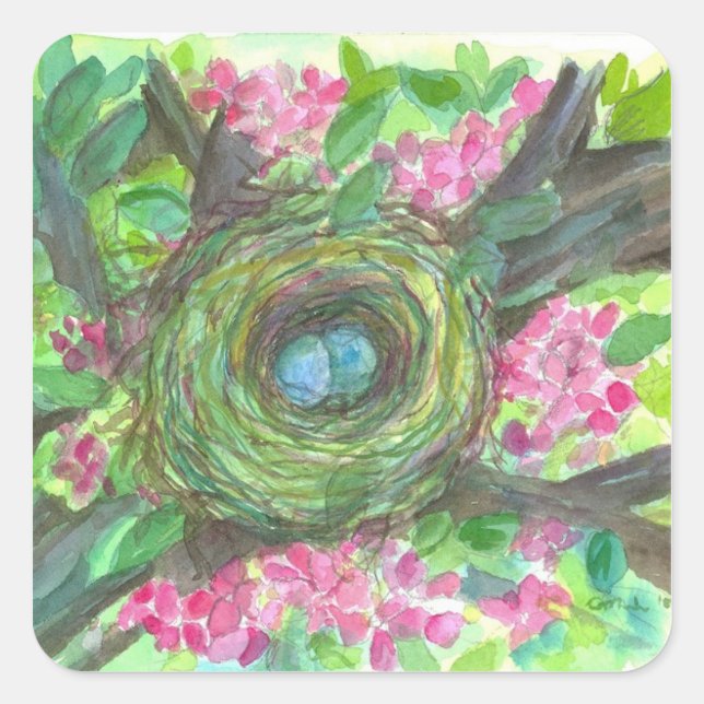 Birds Nest Robins Eggs Watercolor Blossoms Square Sticker (Front)