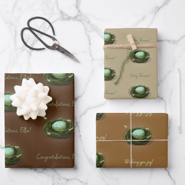 Bird's Nest With Blue Speckled Egg 3 Custom Texts Wrapping Paper Sheet (Front)