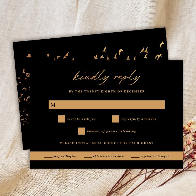 Birds of a Feather Gold and Black Wedding RSVP Card (Creator Uploaded)