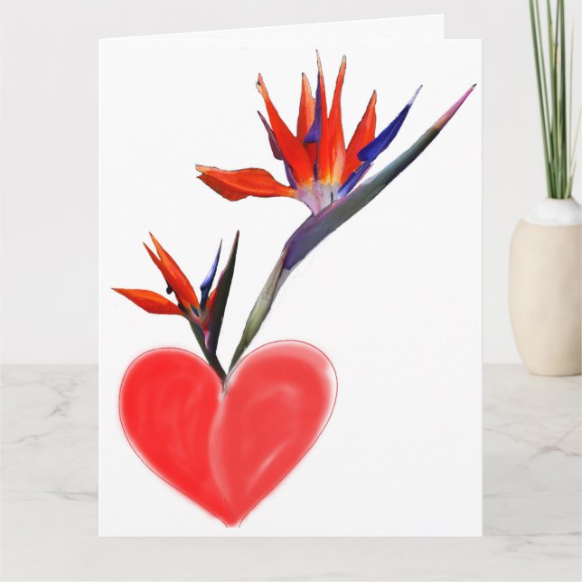 Birds Of Paradise in Heart Vase on White Card (Front)