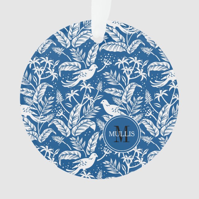 Birds Of Paradise Pattern Blue & White Monogram Ornament (Front)