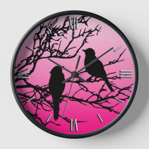 Birds on a Branch, Black Against Dawn Pink Clock