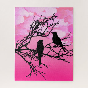 Birds on a Branch, Black Against Dawn Pink Jigsaw Puzzle