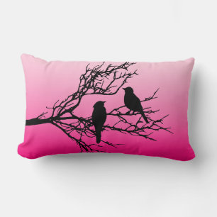 Birds on a Branch, Black Against Dawn Pink Lumbar Cushion
