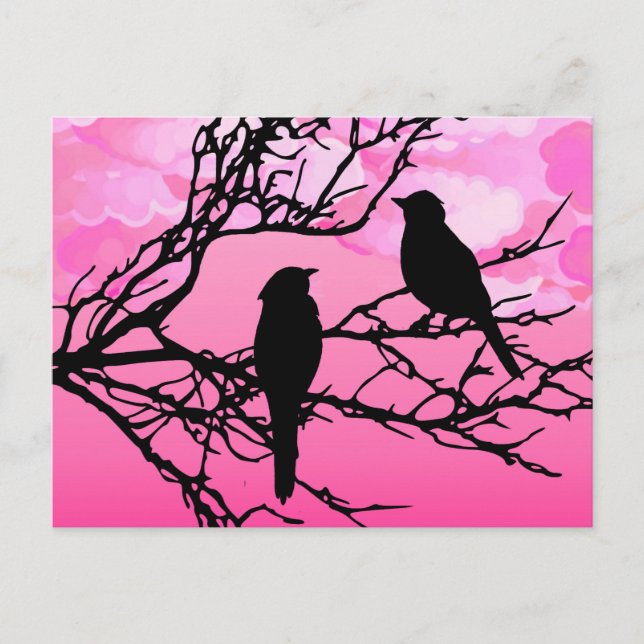 Birds on a Branch, Black Against Dawn Pink Postcard (Front)