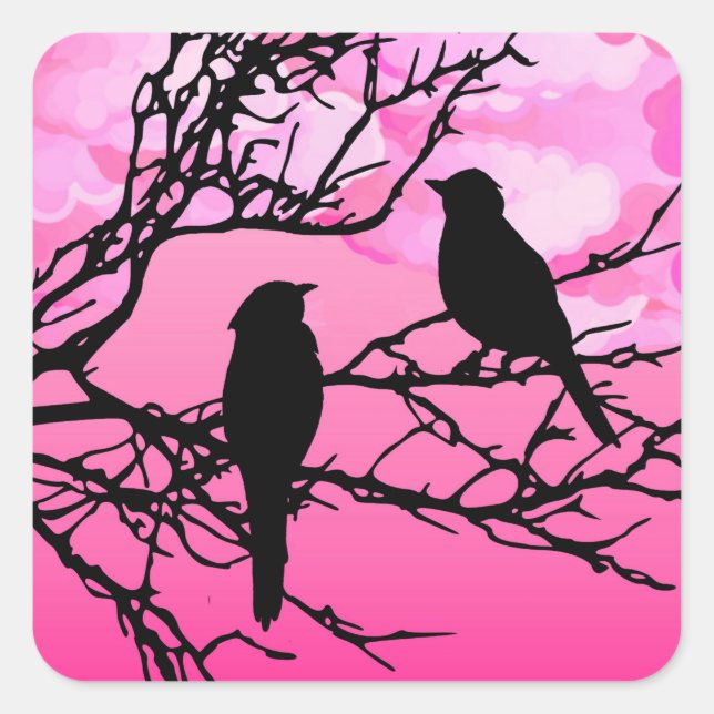 Birds on a Branch, Black Against Dawn Pink Square Sticker (Front)
