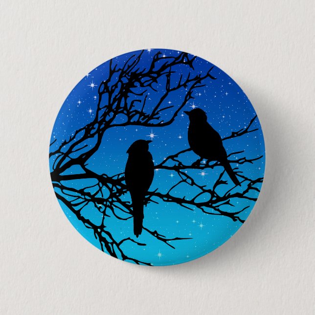 Birds on a Branch, Black Against Evening Blue 6 Cm Round Badge (Front)