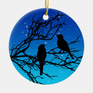 Birds on a Branch, Black Against Evening Blue Ceramic Tree Decoration