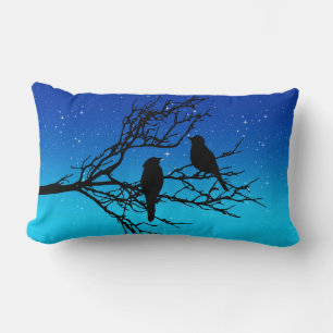 Birds on a Branch, Black Against Evening Blue Lumbar Cushion
