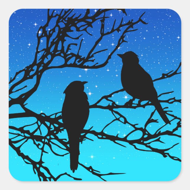 Birds on a Branch, Black Against Evening Blue Square Sticker (Front)