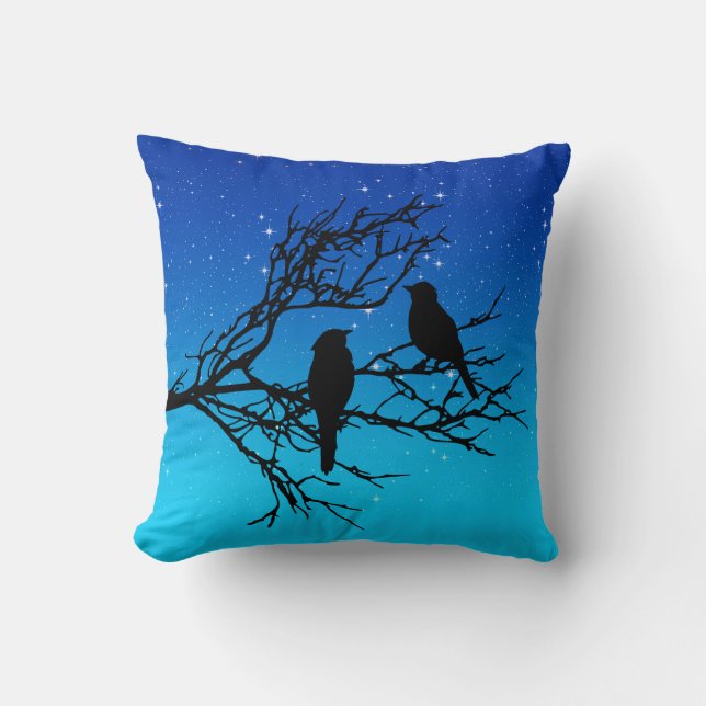 Birds on a Branch, Black Against Evening Blue Thro Cushion (Front)