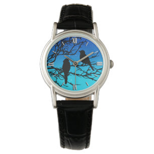 Birds on a Branch, Black Against Evening Blue Watch