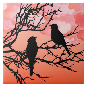 Birds on a Branch, Black Against Sunset Orange Ceramic Tile