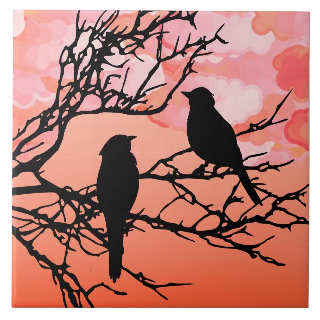 Birds on a Branch, Black Against Sunset Orange Ceramic Tile (Front)