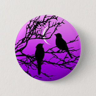 Birds on a Branch, Black Against Twilight Purple 6 Cm Round Badge
