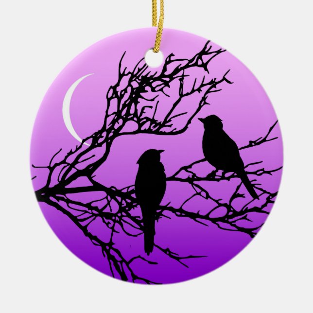 Birds on a Branch, Black Against Twilight Purple Ceramic Ornament (Front)