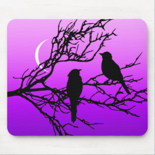 Birds on a Branch, Black Against Twilight Purple Mouse Pad