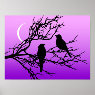 Birds on a Branch, Black Against Twilight Purple Poster