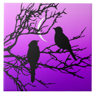 Birds on a Branch, Black Against Twilight Purple Tile