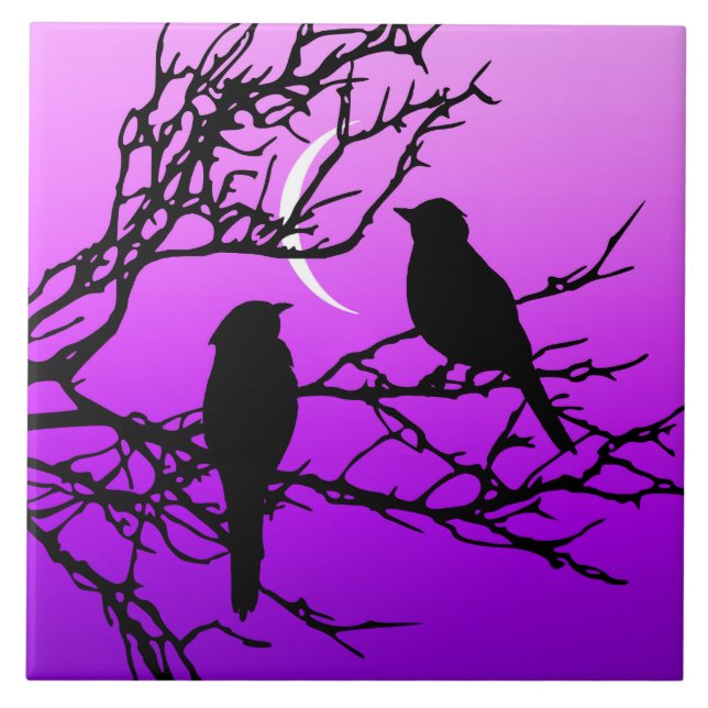 Birds on a Branch, Black Against Twilight Purple Tile (Front)