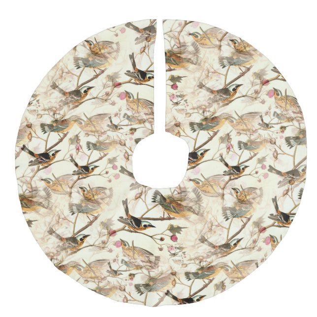 Birds on a Branch Faux Linen Tree Skirt (Front)