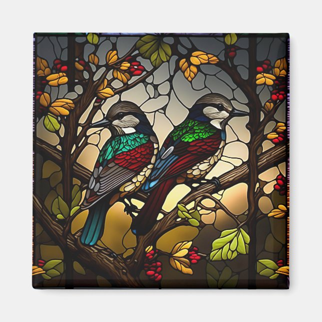 Birds on a branch - stainglass art  throw pillow magnet (Front)