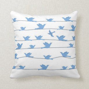 Birds on a Wire, Silhouette in Blue Cushion