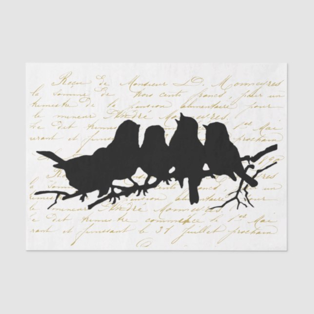  Birds on Branch Black Silhouette Decoupage French Tissue Paper (Front)