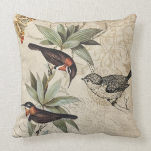 Birds on branch green foliage butterfly drawing cushion