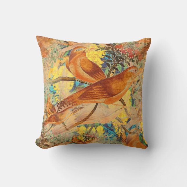 Birds on Branch Teal, Orange, Yellow Throw Pillow (Front)