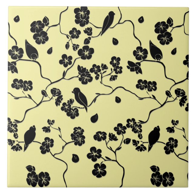 Birds on Cherry Blossoms Black on Lemon Yellow Ceramic Tile (Front)