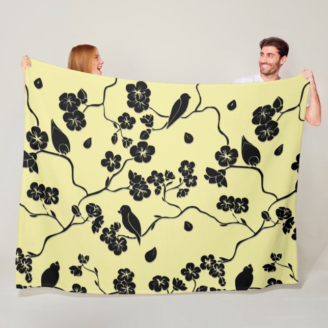 Birds on Cherry Blossoms Black on Lemon Yellow Fleece Blanket (In Situ)