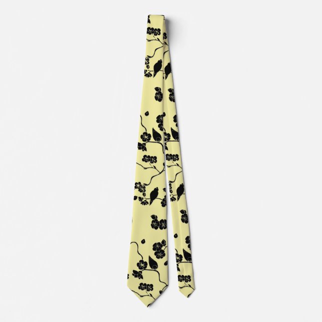 Birds on Cherry Blossoms Black on Lemon Yellow Tie (Front)