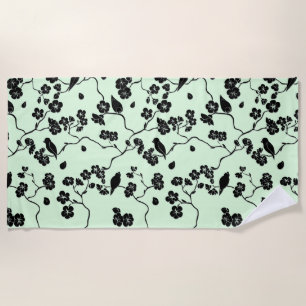 Birds on Cherry Blossoms Black on Mint Green Beach Towel