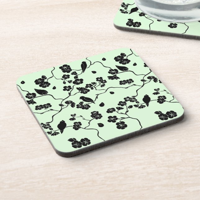 Birds on Cherry Blossoms Black on Mint Green Coaster (Left Side)