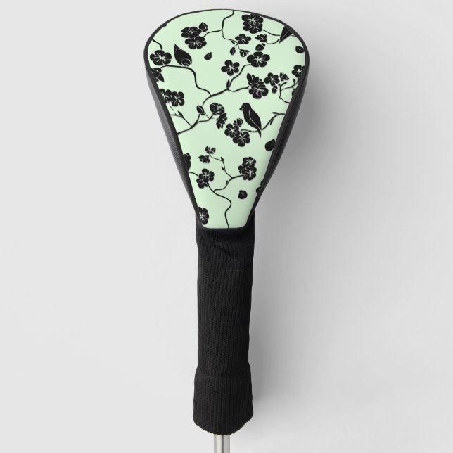 Birds on Cherry Blossoms Black on Mint Green Golf Head Cover (Front)