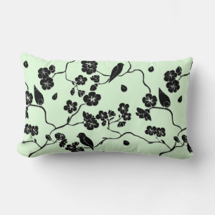 Birds on Cherry Blossoms Black on Mint Green Lumbar Cushion