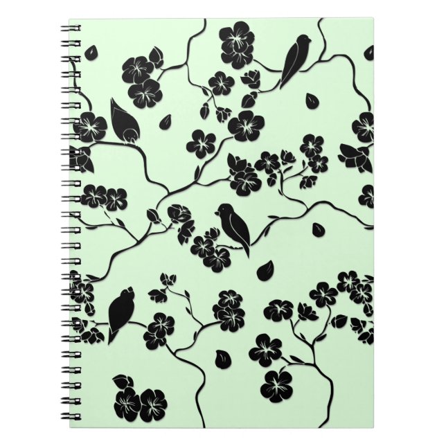 Birds on Cherry Blossoms Black on Mint Green Notebook (Front)