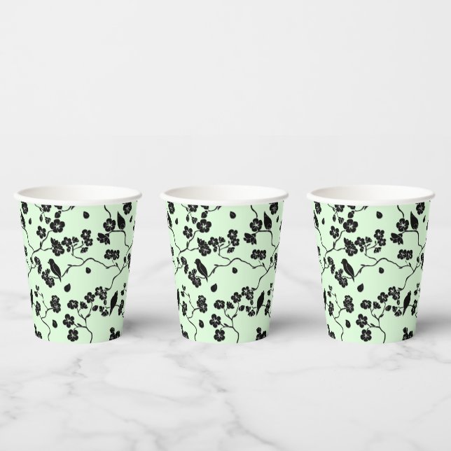 Birds on Cherry Blossoms Black on Mint Green Paper Cups (Multi)