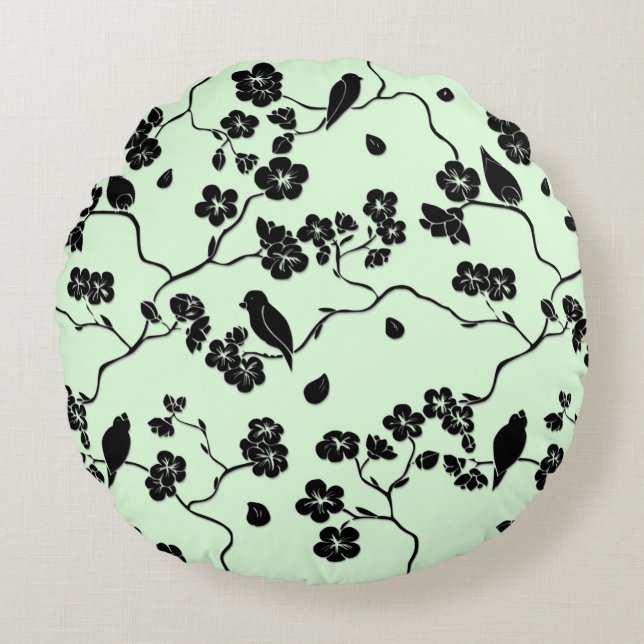Birds on Cherry Blossoms Black on Mint Green Round Cushion (Front)