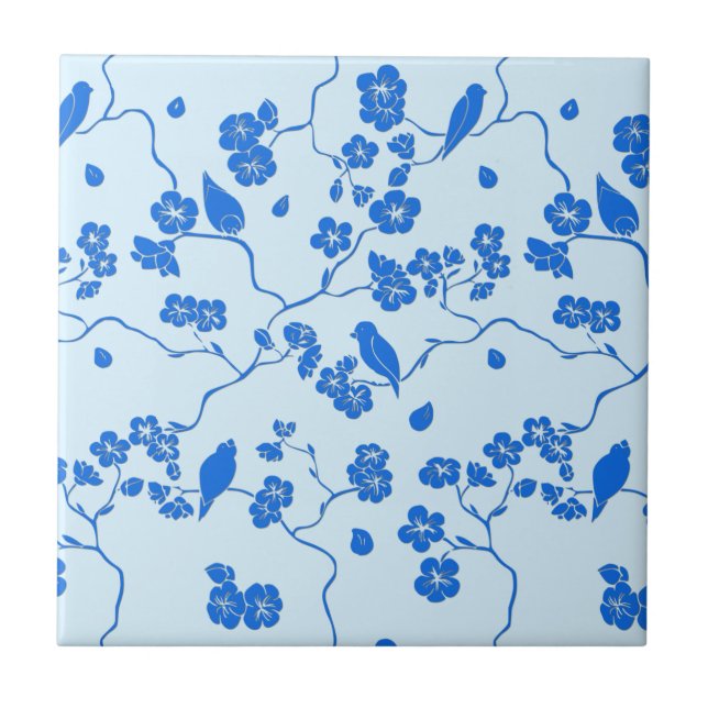 Birds on Cherry Blossoms Blue on Blue Ceramic Tile (Front)