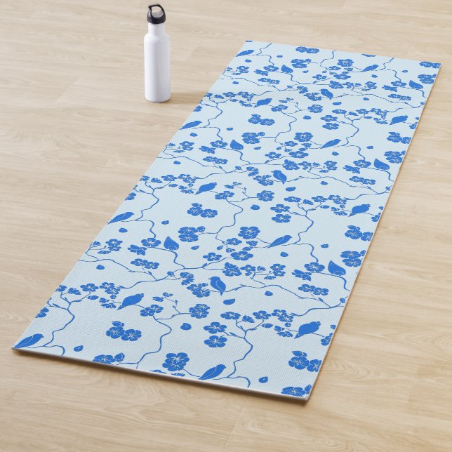 Birds on Cherry Blossoms Blue on Blue Yoga Mat (In Situ)