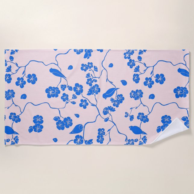Birds on Cherry Blossoms Blue on Blush Beach Towel (Front)